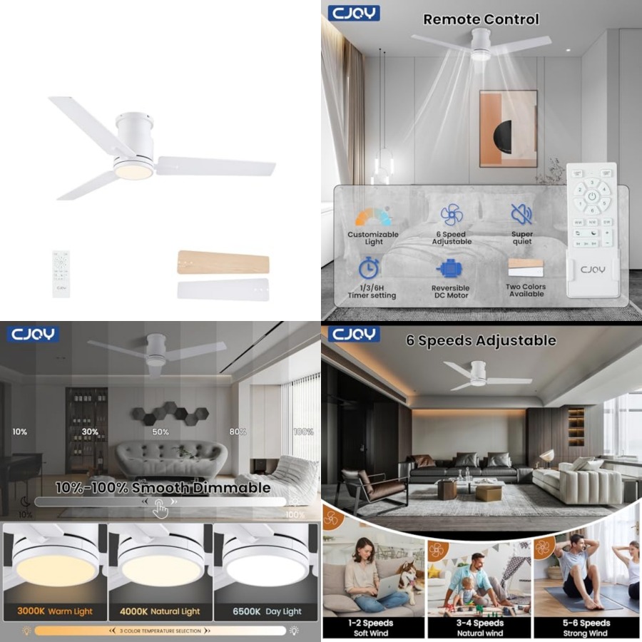 Ceiling Fan Low Profile Flush Mount - พัดลมเพดานพร้อมไฟ, พัดลมเพดานแบบติดตั้งแนบเพดานพร้อมไฟและรีโมท, ระบบไฟฟ้ากระแสตรงแบบย้อนกลับได้, ติดตั้งแบบฝัง, ปรับความสว่างได้ 3