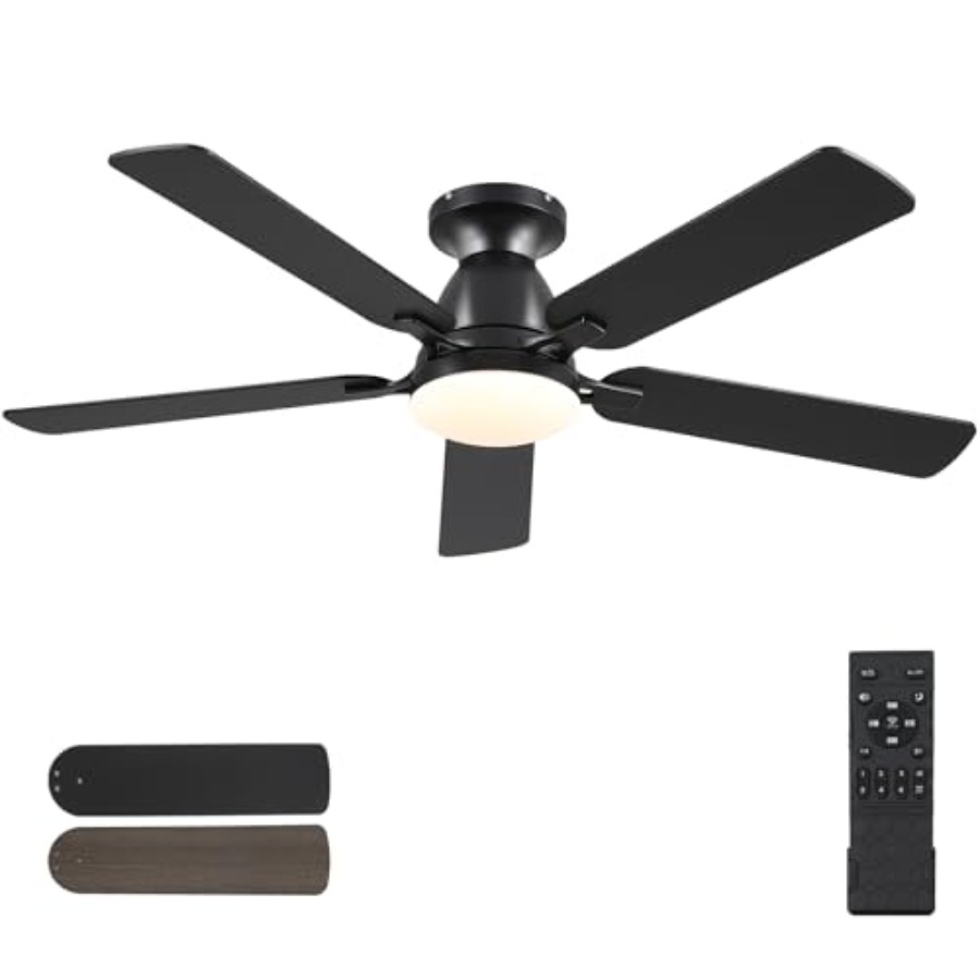 Ceiling Fan Low Profile Flush Mount - พัดลมเพดานพร้อมไฟ 52 นิ้ว พัดลมเพดานแบบติดตั้งแนบเพดานพร้อมไฟและรีโมท พัดลมเพดานสีดำแบบบางสำหรับห้องนอนและห้องนั่งเล่น