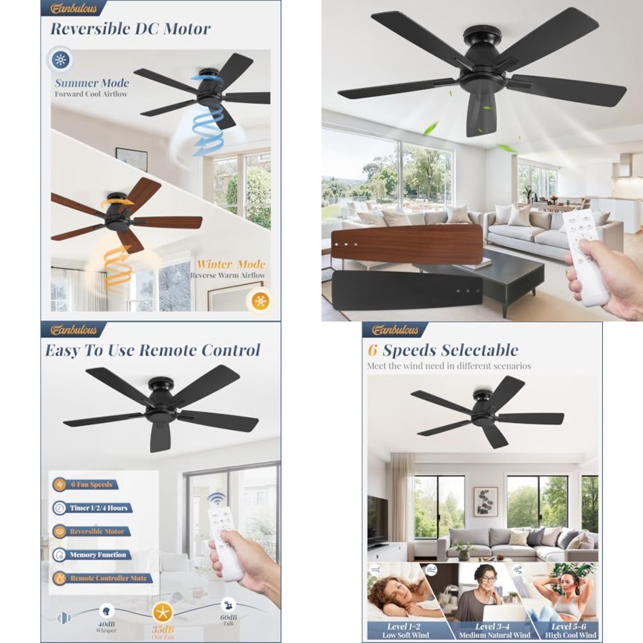 Ceiling Fan Low Profile Flush Mount - พัดลมเพดานแบบฝังไม่มีไฟ พร้อมรีโมท พัดลมเพดานทรงเตี้ยทันสมัยไม่มีไฟ 6 ระดับความเร็ว มอเตอร์
