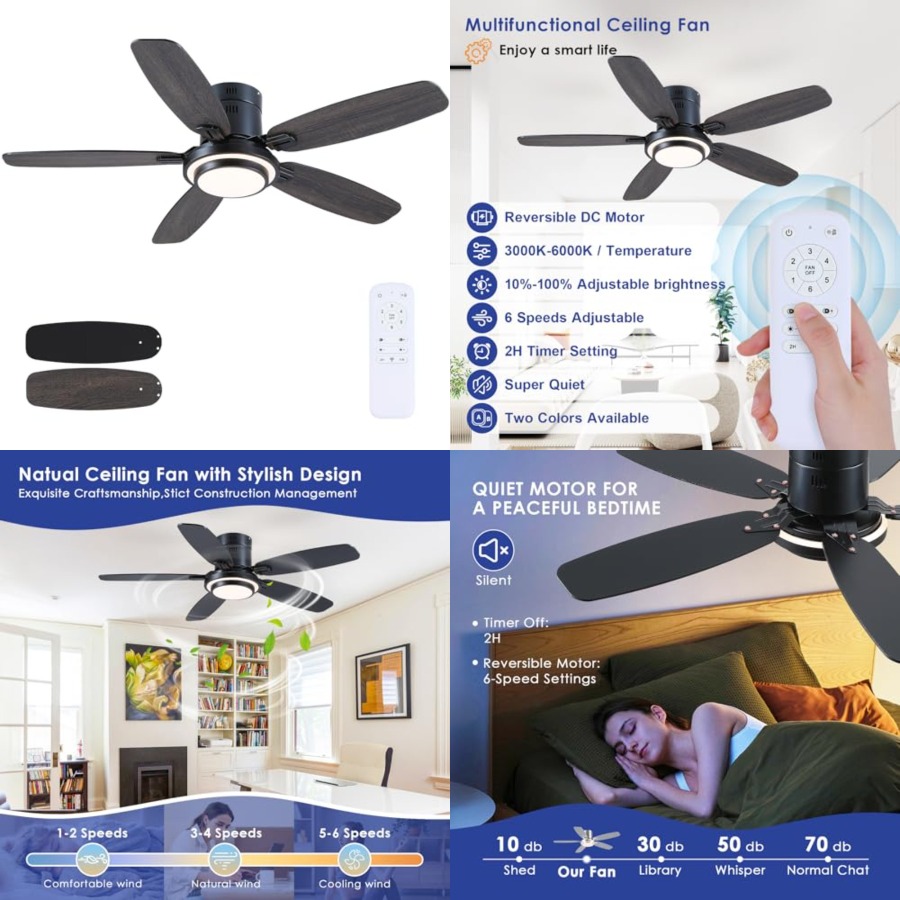 Ceiling Fan Low Profile Flush Mount - พัดลมเพดานสีดำพร้อมไฟและรีโมท, พัดลมเพดานแบบติดตั้งแนบเพดานทันสมัย, 3CCT, ปรับความสว่างได้, มอเตอร์ DC