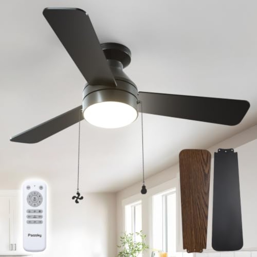 Ceiling Fan Low Profile Flush Mount - พัดลมเพดานพร้อมไฟ, พัดลมเพดานแบบบางพร้อมสายดึงและรีโมทคอนโทรล, ติดตั้งแบบฝัง, ปรับหมุนได้, 5CCT, ปรับความสว่างได้