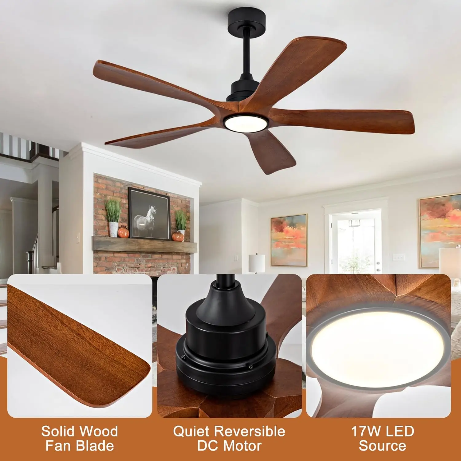 Ceiling Fan Led 3 Blade Modern - พัดลมเพดานไม้พร้อมไฟสำหรับห้องนอน สำนักงานในร่ม รีโมทคอนโทรล พัดลมเพดาน 5 ใบพัด