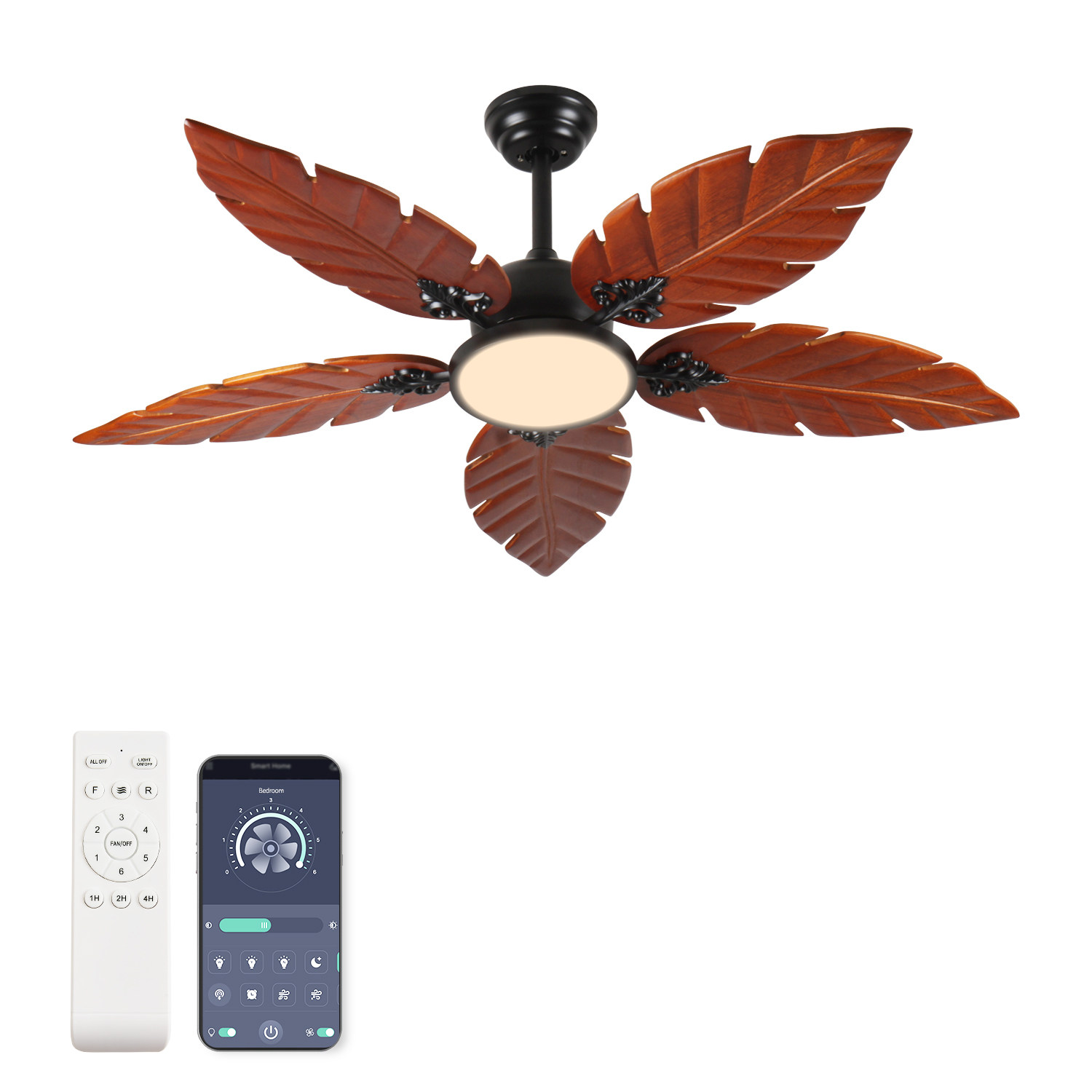 Ceiling Fan Dc Motor 52 Inch - พัดลมเพดานลายใบปาล์มเขตร้อน ขนาด 52 นิ้ว พร้อมไฟและรีโมท ใบพัดไม้เนื้อแข็งแกะสลักด้วยมือ