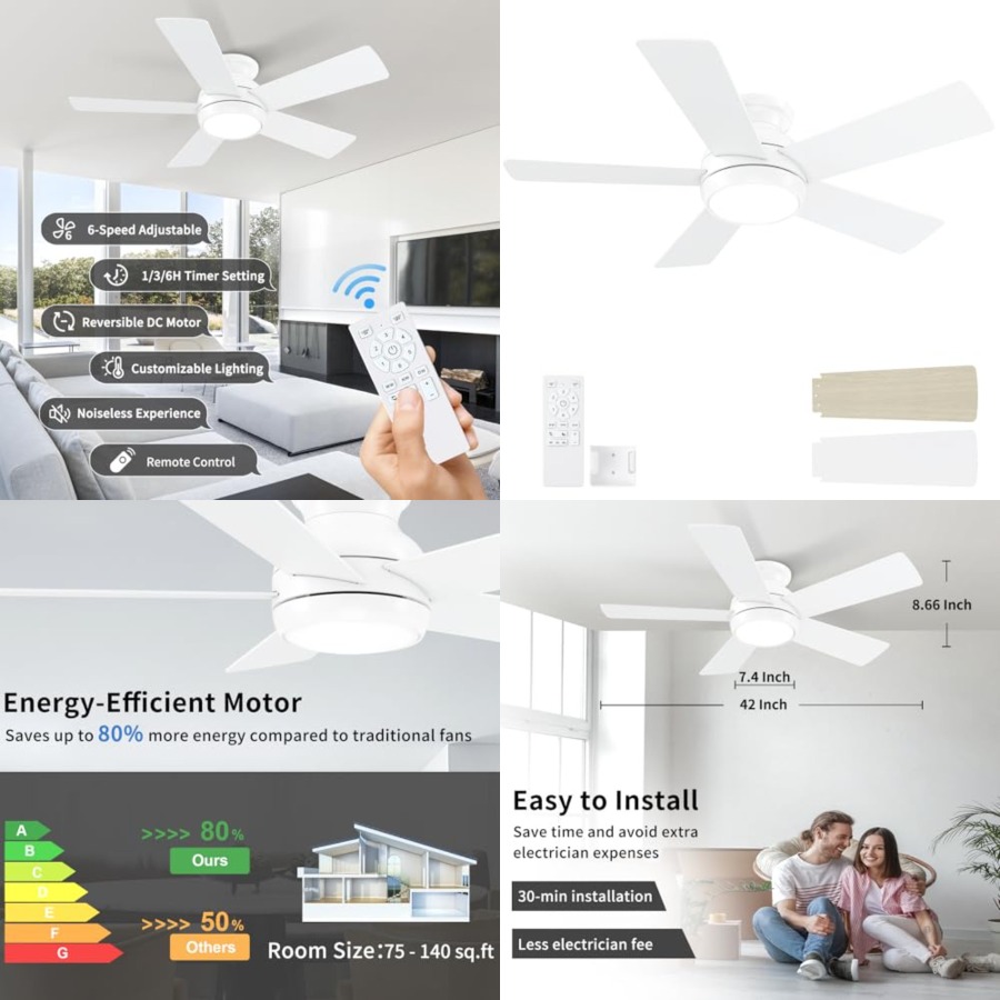Ceiling Fan Low Profile Flush Mount - พัดลมเพดานพร้อมไฟและรีโมท, พัดลมเพดาน LED แบบติดตั้งแนบเพดาน สำหรับห้องนอน, ห้องนั่งเล่น,
