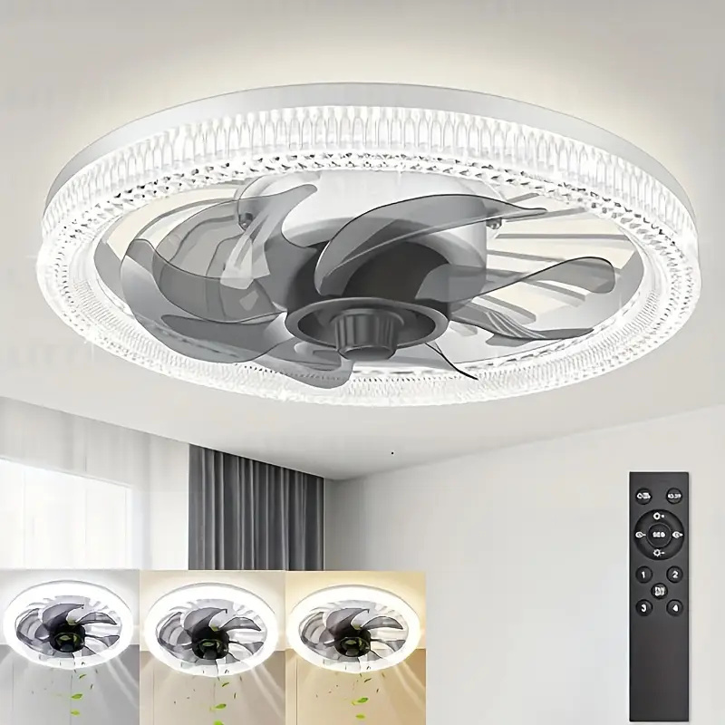 Ceiling Fan Low Profile Flush Mount - พัดลมเพดานพร้อมไฟ, ไฟพัดลมซ็อกเก็ตพร้อมรีโมทคอนโทรล, ความสว่างหรี่แสงได้, ซ็อกเก็ต Modern Flush