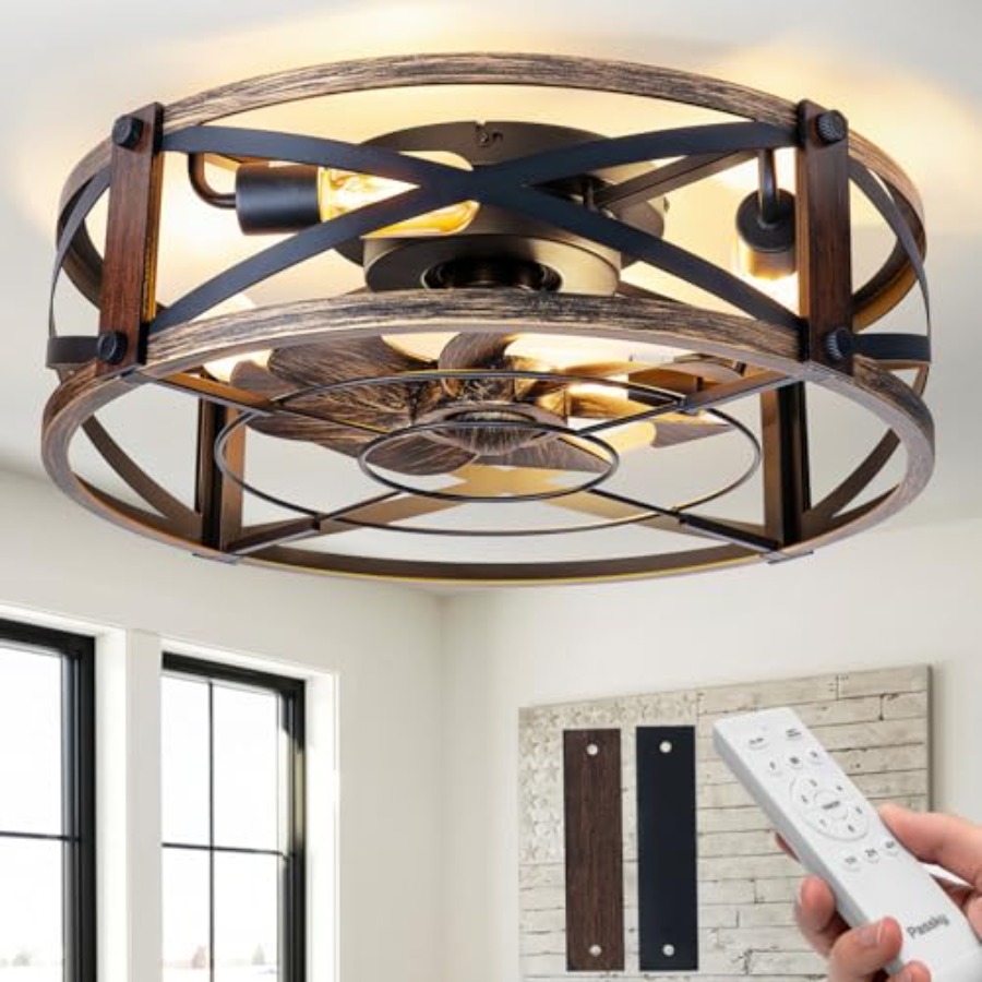 Ceiling Fan Low Profile Flush Mount - พัดลมเพดานแบบติดตั้งบนเพดานขนาด 20 นิ้ว พร้อมไฟและรีโมท, พัดลมเพดานทรงอุตสาหกรรมแบบกรง, 6