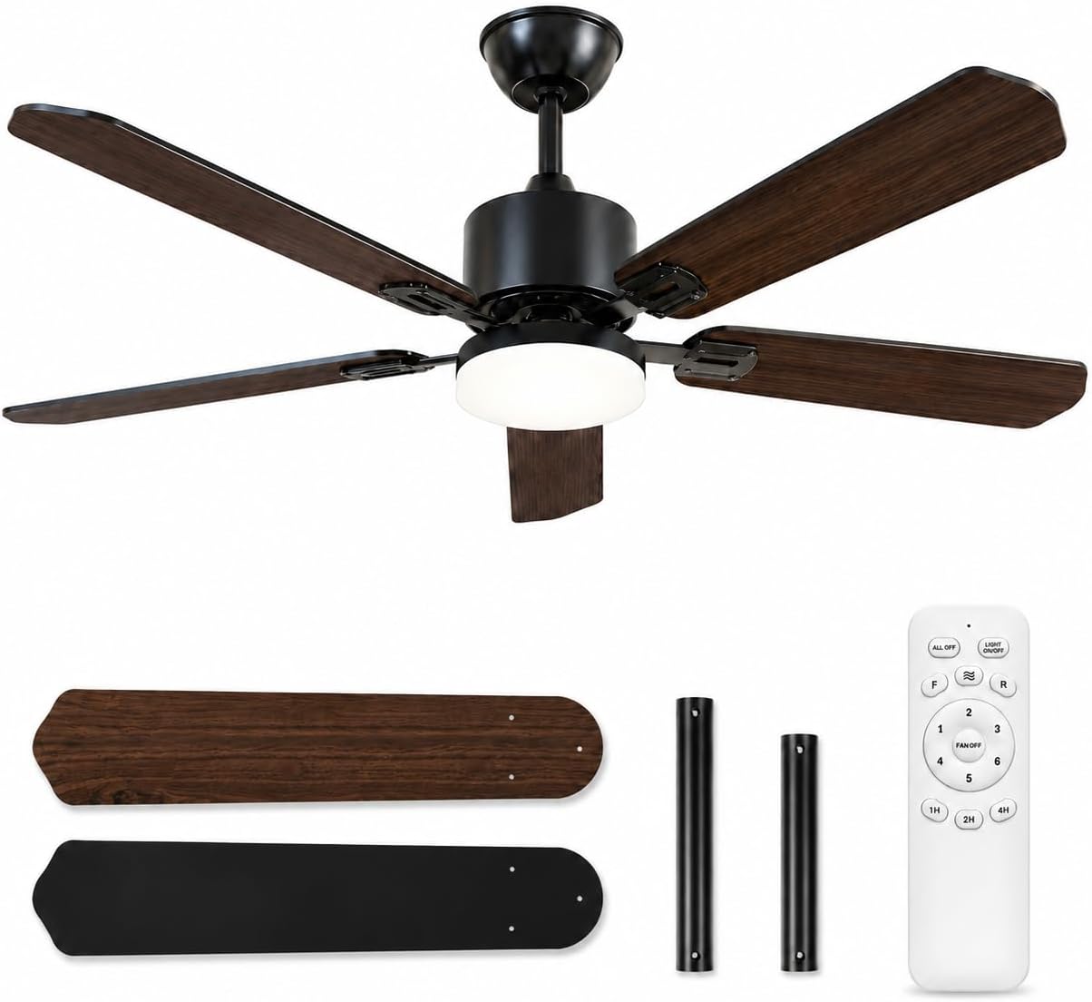 Ceiling Fan Led 3 Blade Modern - พัดลมเพดานขนาด 42 นิ้วพร้อมไฟและรีโมทคอนโทรล, ใบพัดสองด้านสีดำ, ปรับความเร็วพัดลมได้ 6