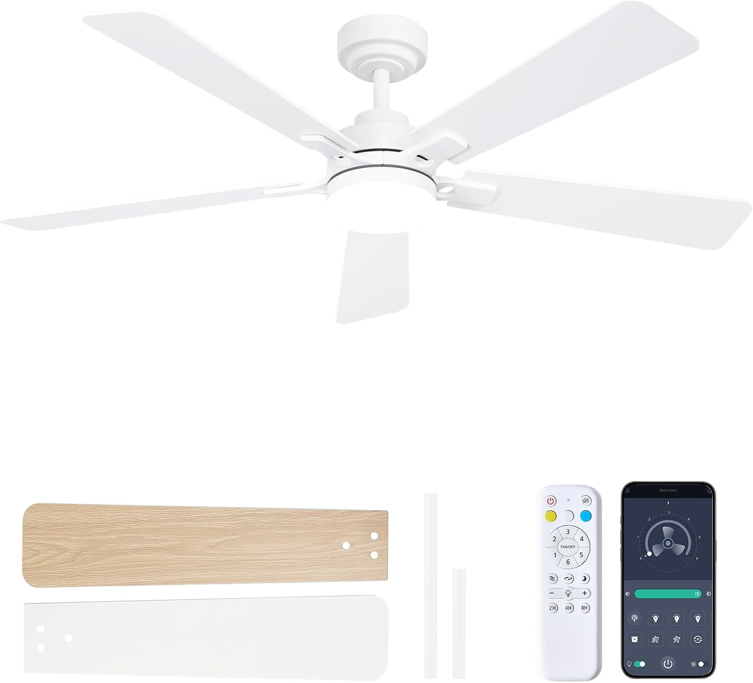 Ceiling Fan Dc Motor 52 Inch - พัดลมเพดานสีขาวขนาด 52 นิ้ว พร้อมไฟและรีโมทคอนโทรล ติดตั้งแบบยึดกับแกนยืดสำหรับเพดานลาดเอียงสูงสุด 15