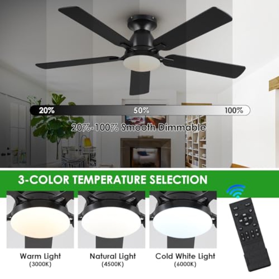 พัดลมเพดานพร้อมไฟ 52 นิ้ว พัดล - Ceiling Fan Low Profile Flush Mount บทวิจารณ์และราคา