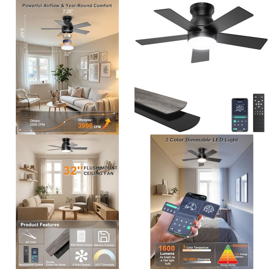 พัดลมเพดานพร้อมไฟ, พัดลมเพดานแ - Ceiling Fan Low Profile Flush Mount บทวิจารณ์และราคา