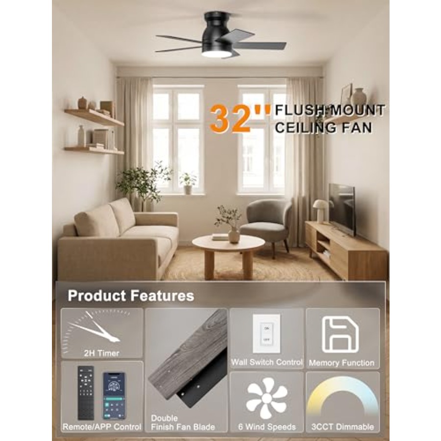 พัดลมเพดานพร้อมไฟ, พัดลมเพดานแ - Ceiling Fan Low Profile Flush Mount บทวิจารณ์และราคา