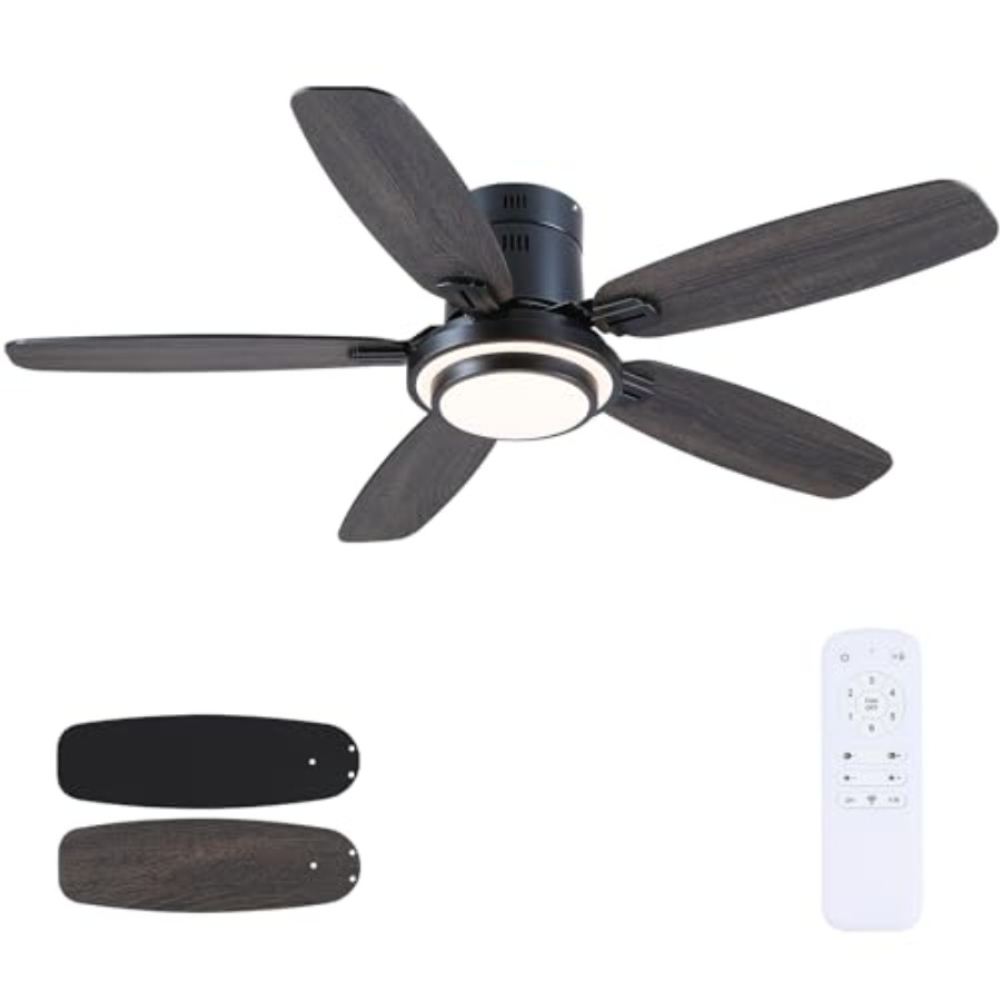 พัดลมเพดานสีดำพร้อมไฟและรีโมท, - Ceiling Fan Low Profile Flush Mount บทวิจารณ์และราคา