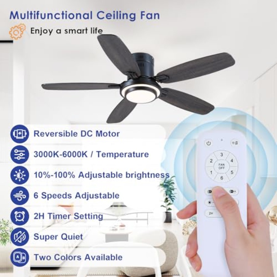 พัดลมเพดานสีดำพร้อมไฟและรีโมท, - Ceiling Fan Low Profile Flush Mount บทวิจารณ์และราคา