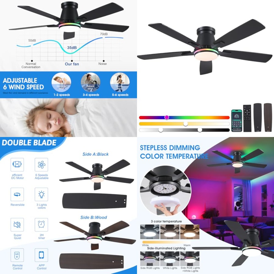 พัดลมเพดานขนาด 52 นิ้ว พร้อมไฟ - Ceiling Fan Low Profile Flush Mount บทวิจารณ์และราคา