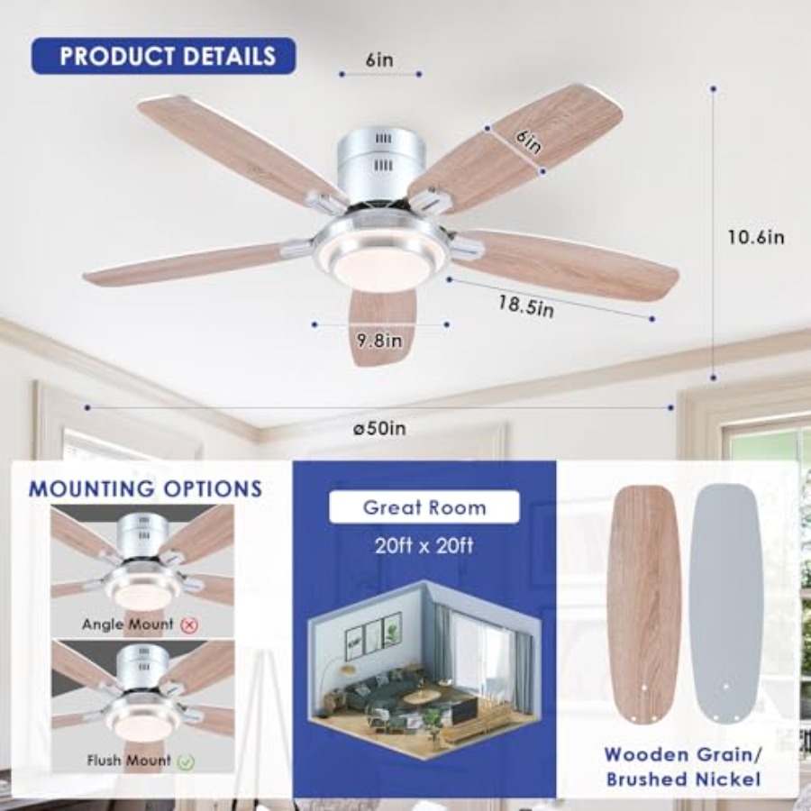 พัดลมเพดานแบบติดตั้งแนบเพดานพร - Ceiling Fan Low Profile Flush Mount บทวิจารณ์และราคา