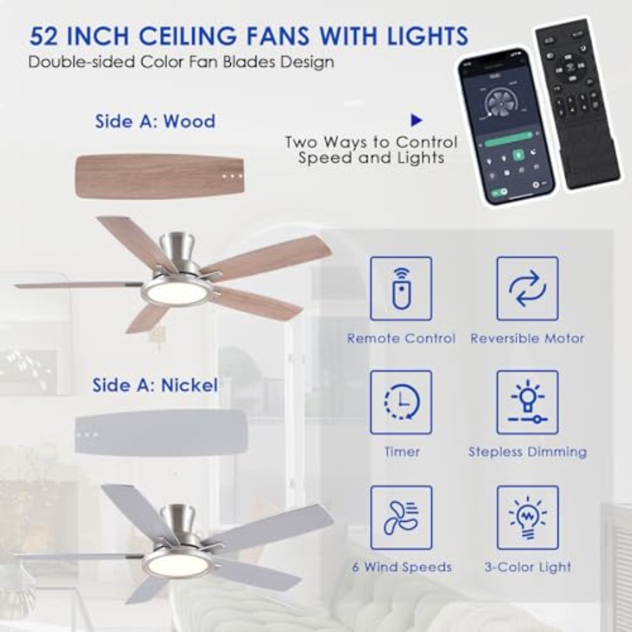 พัดลมเพดานขนาด 52 นิ้ว พร้อมไฟ - Ceiling Fan Low Profile Flush Mount บทวิจารณ์และราคา